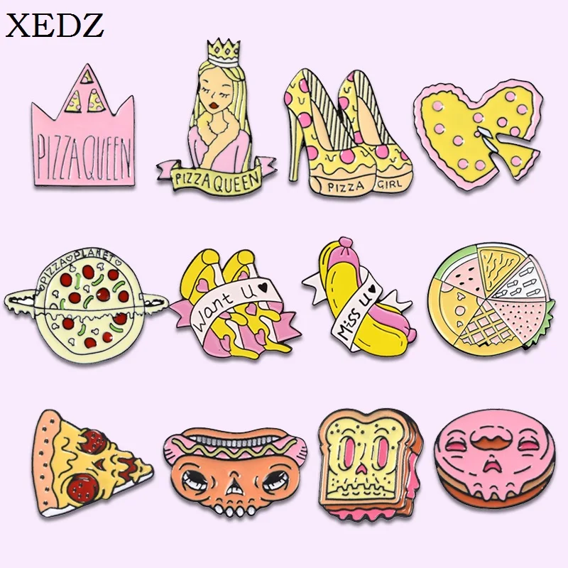 

Pizza Queen Enamel Pin Creative Fashion Pink High Heels Donuts Pizza Brooch Denim Bag Lapel Badge Jewelry Gifts for Friends Kids