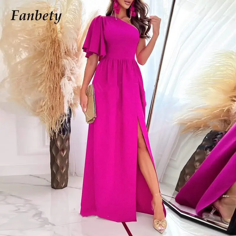 

Elegant Women Diagonal Collar Long Dress Fashion Solid Half Sleeves High Slit Dress Summer Waisted Backless Party Dress Vestidos
