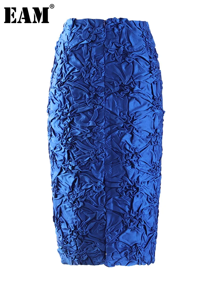 

[EAM] High Waist Blue Green Pleated Elegant Midi Pencil Half-body Skirt Women Fashion Tide New Spring Autumn 2023 1DE7865