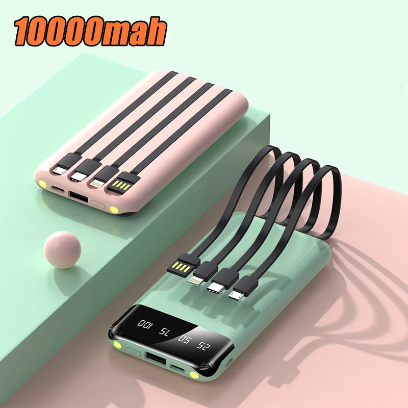 

10000mAh Power Bank Portable Fast Charger External Battery Pack Powerbank Built in Cable With Dual LED Light for Mobile Phones