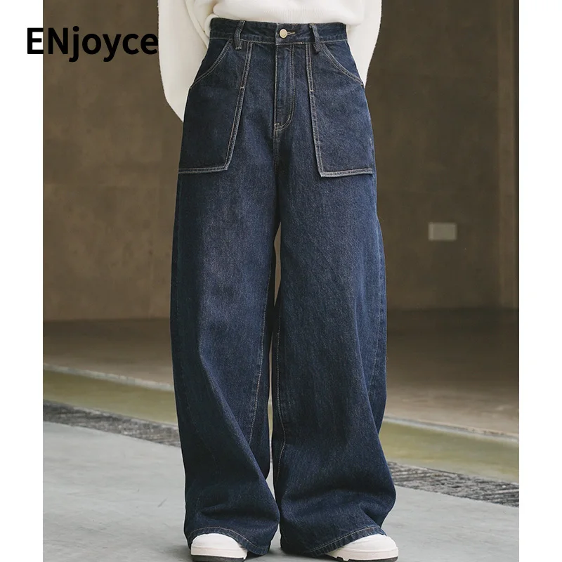Women Vintage Large Pockets Full Length Jeans High Waist Wide Leg Trousers Korean Loose Mopping Denim Pants Fall Winter 2022