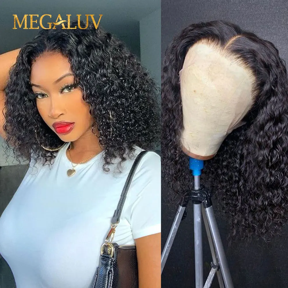 

Water Wave Human Hair Wigs T Part Transparent Lace Closure Wig Pre plucked 8-16 Inch Bob Wig Curly Short Bob Lace Closure Wig