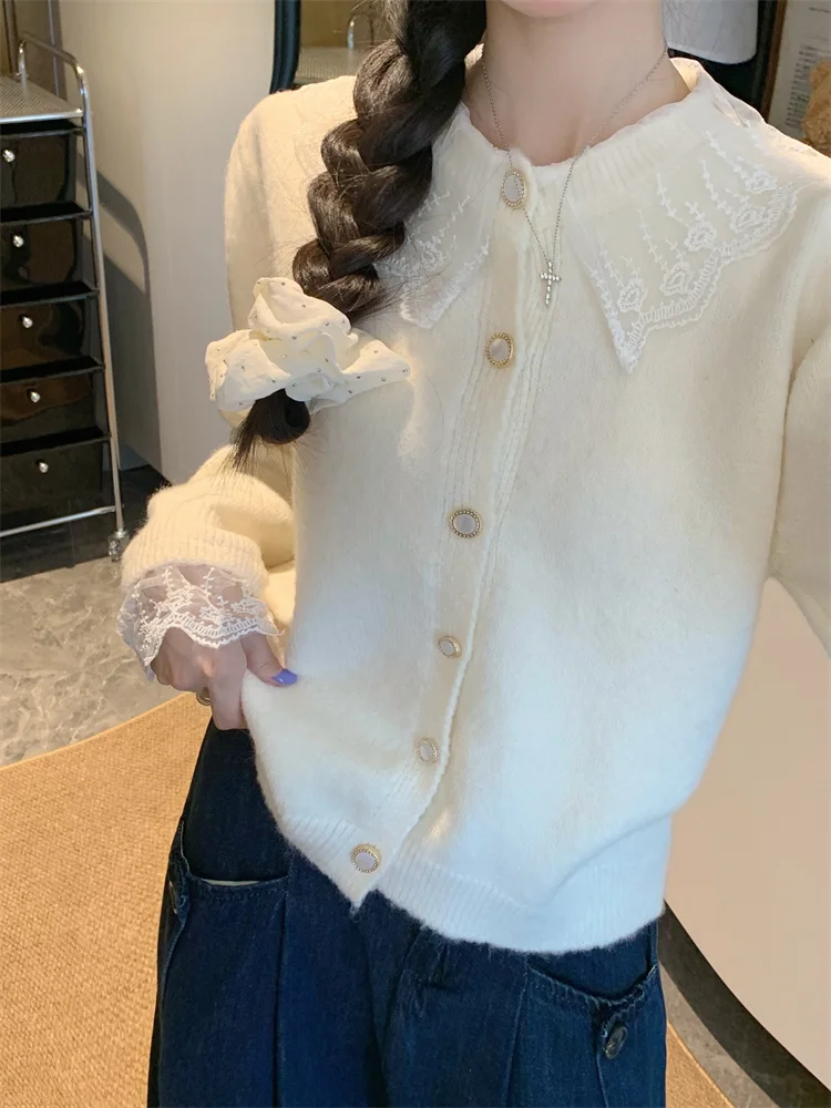 Утолщенный свитер с кружевной строчкой кардиган верхняя одежда женская