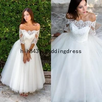 wedding dresses 2022 sexy bateau country half sleeves appliques illusion ankle length bridal gowns vestidos de noiva