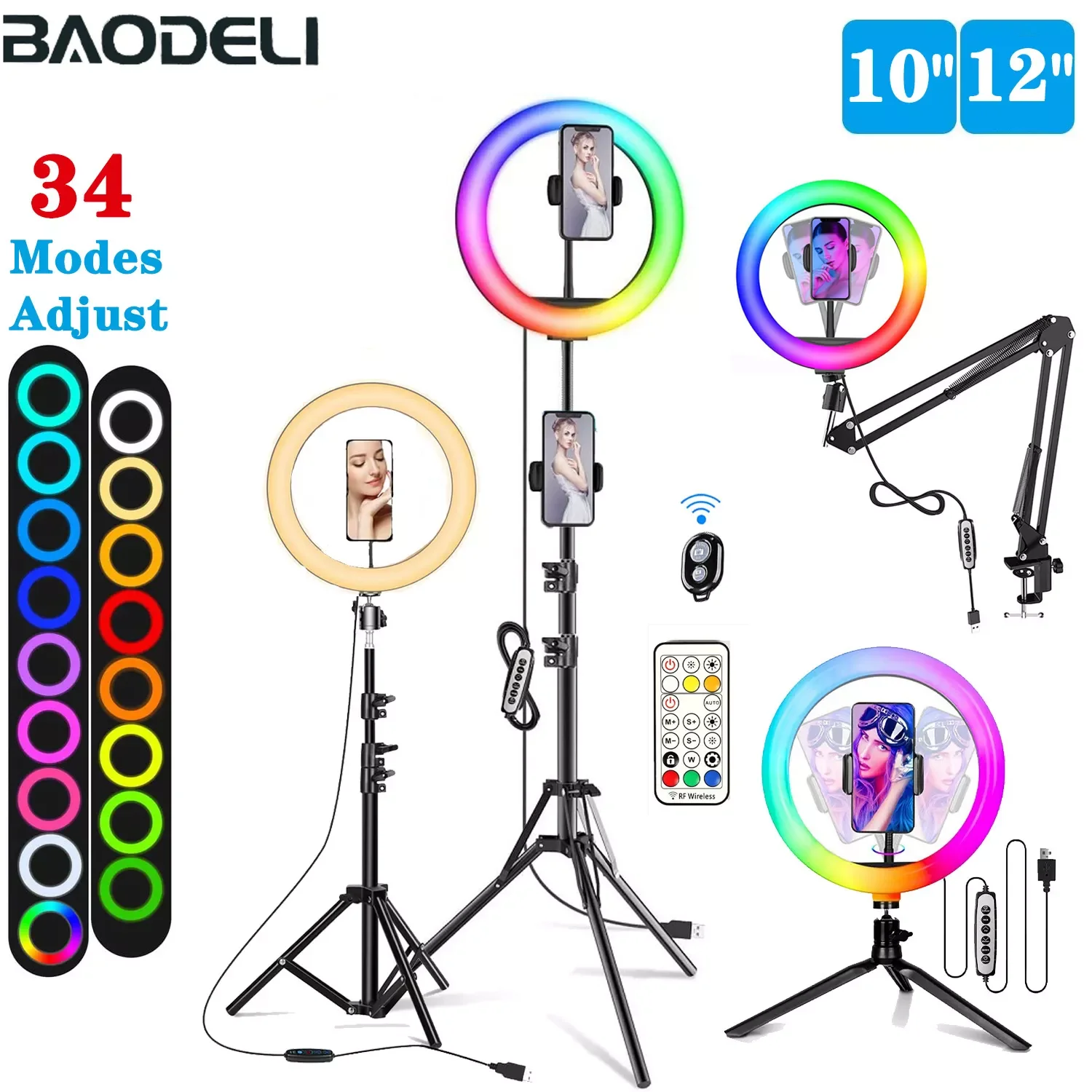 

12in 30cm Selfie Ring Light RGB Tripod Phone Stand Holder Photography RingLight Circle Fill Light Led Color Lamp Trepied Makeup