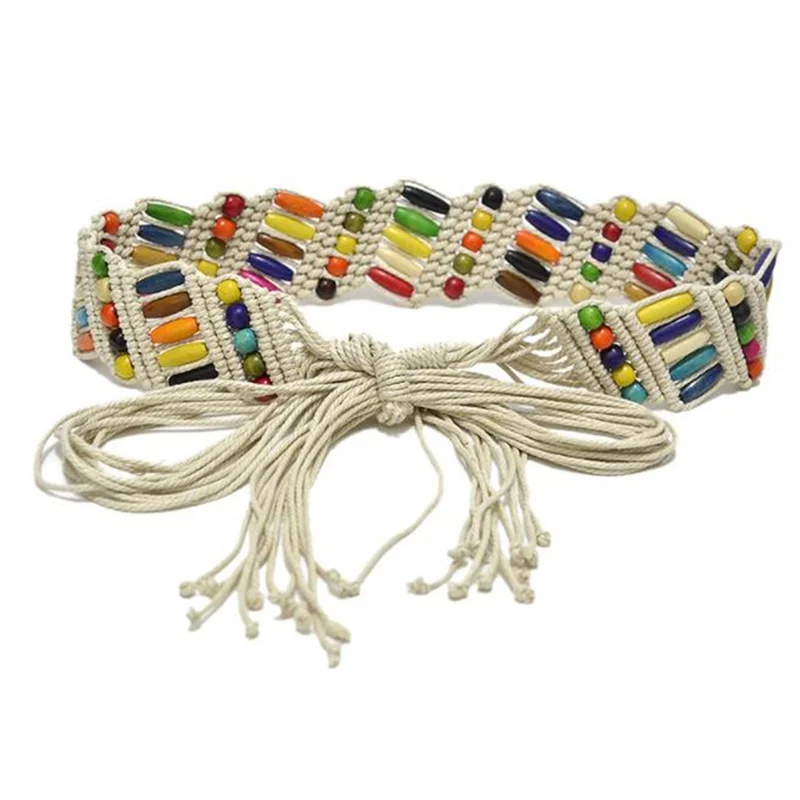 Ethnic Woven Waist Belts For Dress Braided Belt Colourful Wooden Bead Decorative Handmade