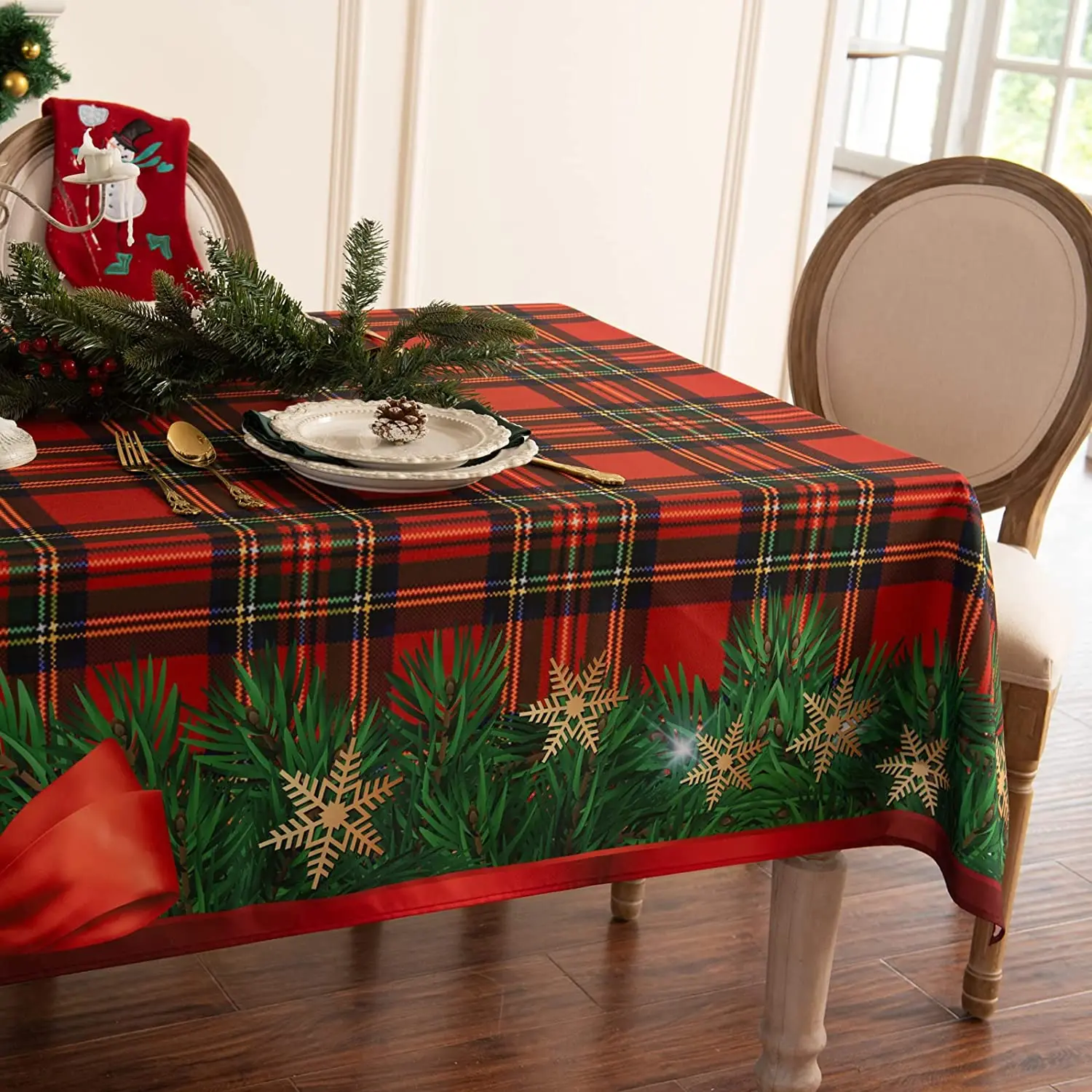 

Inter Holiday Christmas Tablecloth Plaid Printed Tablecloth Kitchen Table Cover for Christmas/Dinner Party Decorations