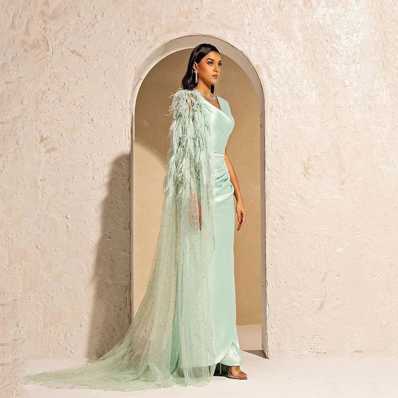 

One Cape Sleeve Feather Prom Dress 2023 Green A-line فستان سهرة Sexy N-Neck Party Dresses Floor Length Vestido De Noche