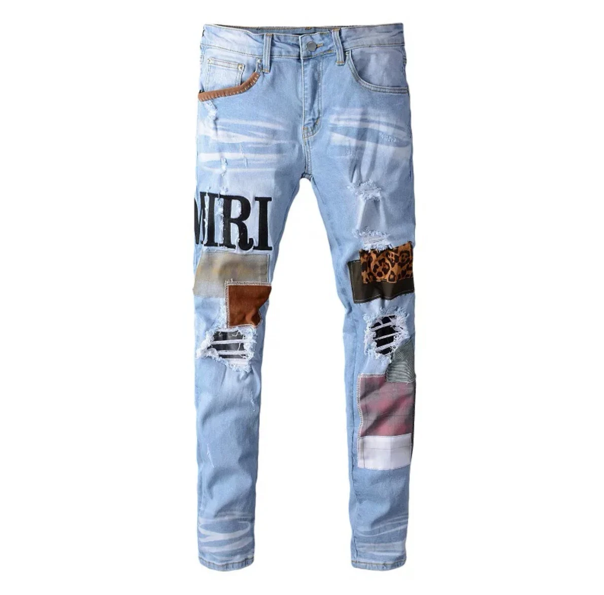 

Sokotoo Men's stars printed leopard patchwork rivet slim jeans Light blue holes ripped skinny stretch denim pants Trousers