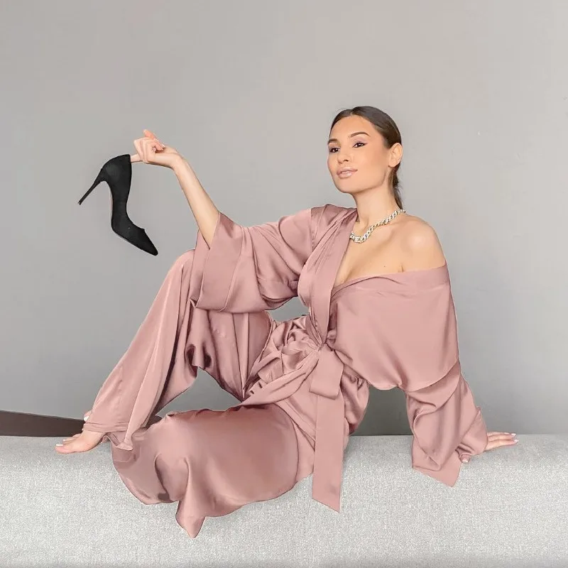 Autumn Long Sleeve Kimono Robe &Trousers Set  Women's  Solid Satin Silk With Sashes Pajama Suit Sleepwear Cardigan Big Size