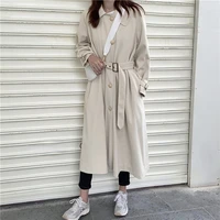 new style retro temperament 2021 autumn and winter lapel strap single breasted mid length long sleeved windbreaker jacket women