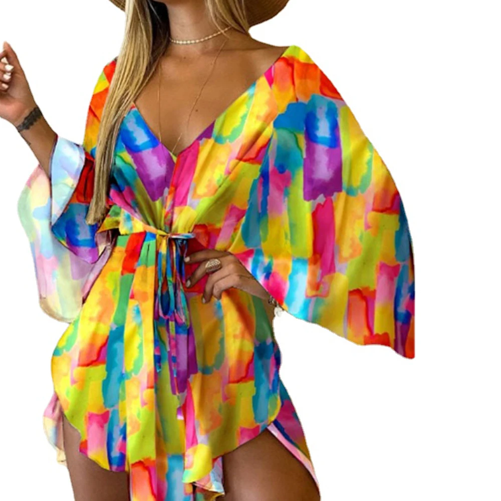 

Богемный пляжный сарафан, топ, короткое платье, женское свободное мини-платье с V-образным вырезом и цветочным принтом для вечеринки, повсед...