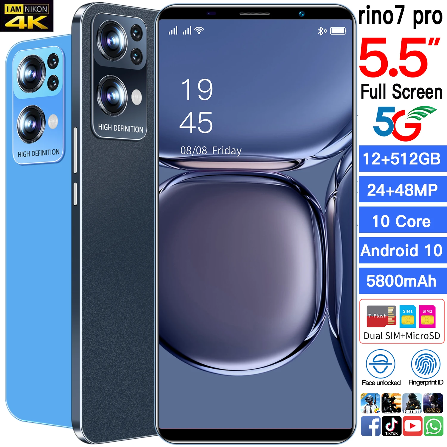 Смартфон Rino 7 Pro телефон с экраном 5 дюйма HD Full Screen 12 Гб ОЗУ 512 ПЗУ разблокированный