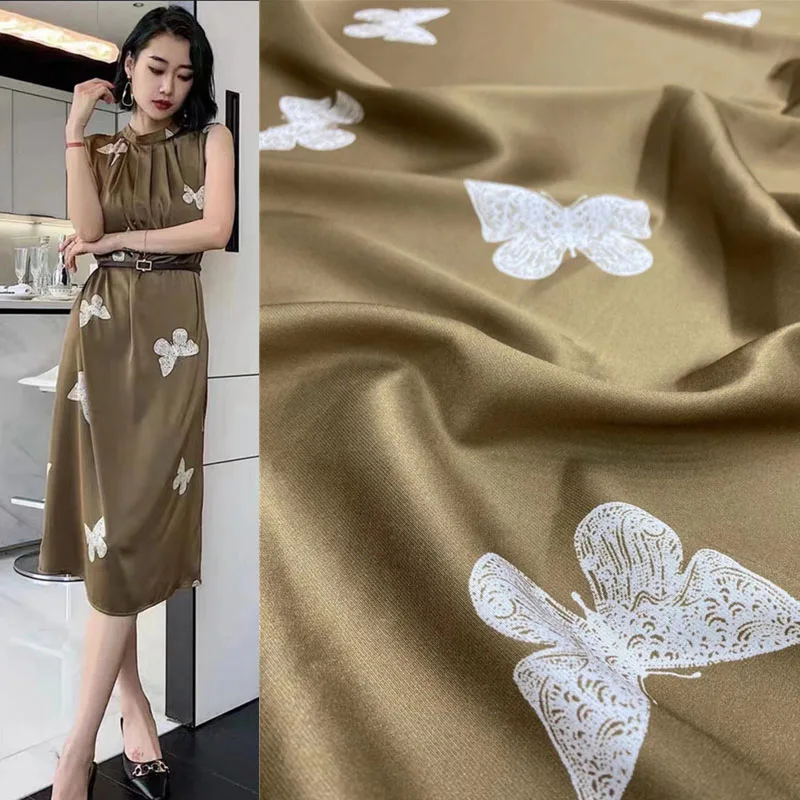 

New Product Camel Base White Butterfly Print Stretch Twill Print Fabric Fashion Haute Couture Clothing Fabric 100% Mulberry Silk