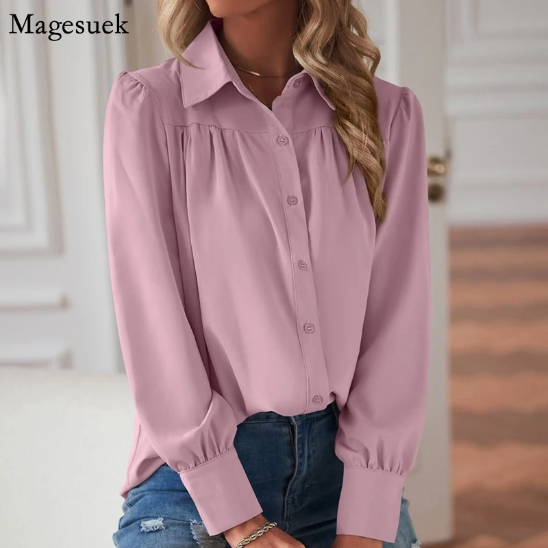 

Fashion Elegant Chiffon Blouse Women Autumn Solid Casual Button Office White Shirts Tops Vintage Long Sleeve Women Blouses 23267