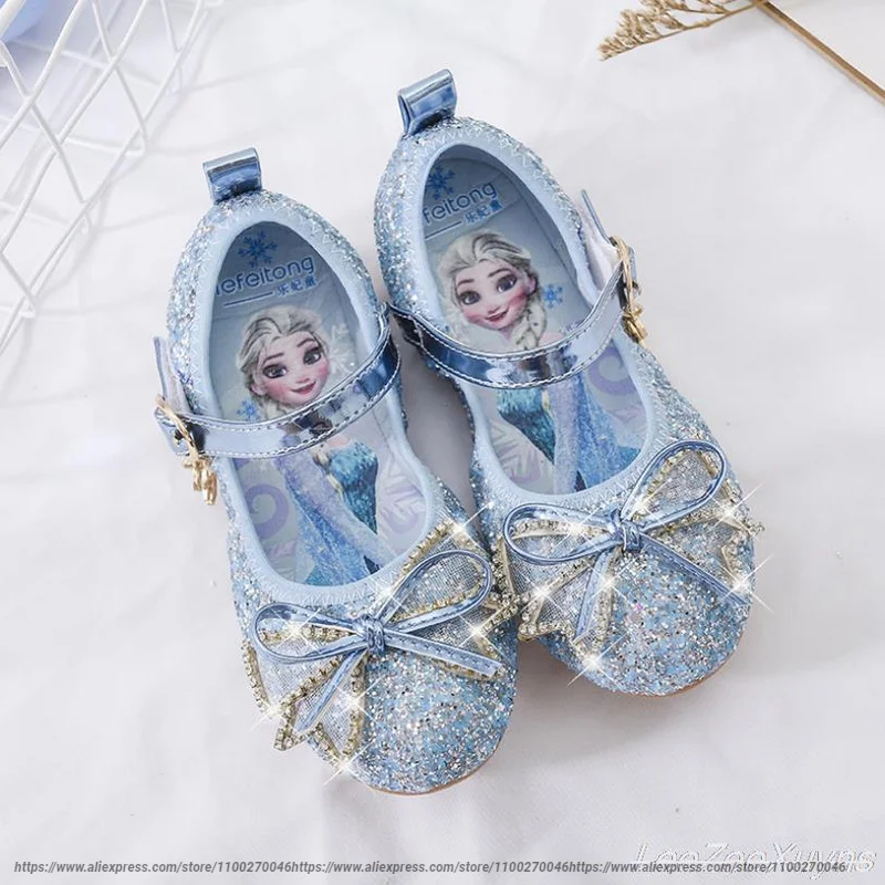 Disney Girls Princess Shoes Soft Sole Little Girl Frozen Children Crystal Casual Shoes Flat Leather Show Dance Shoes Size 22-36