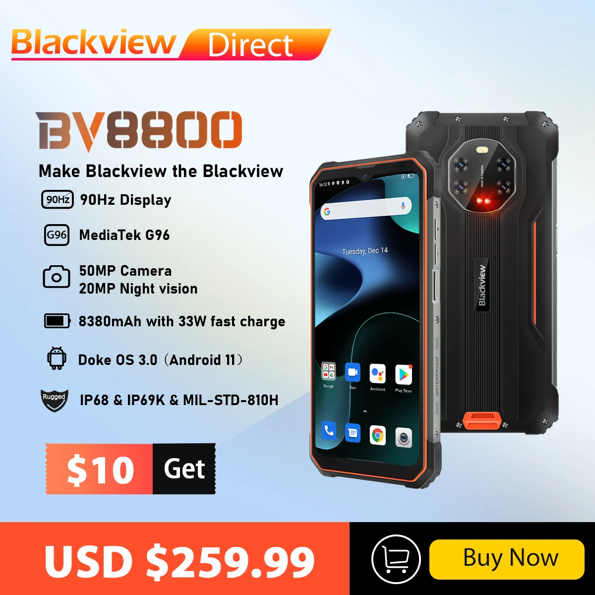 

BLACKVIEW BV8800 IP68 Rugged Smartphone 90Hz Display 8GB+128GB Helio G96 8380mAh 50MP Night Vision Mobile Phone Global Version