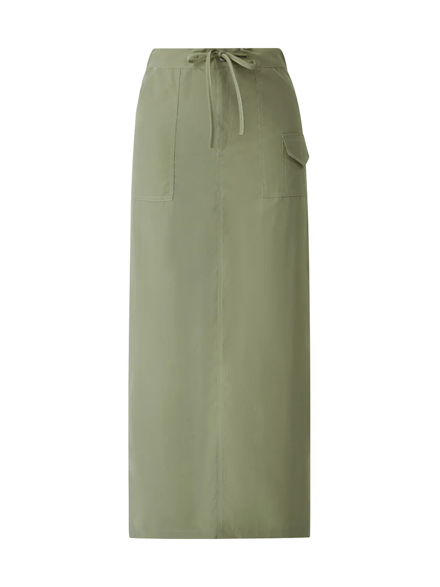 

Women Long Cargo Skirts Low Waist Tie-Up Solid Color Long Skirts with Pockets