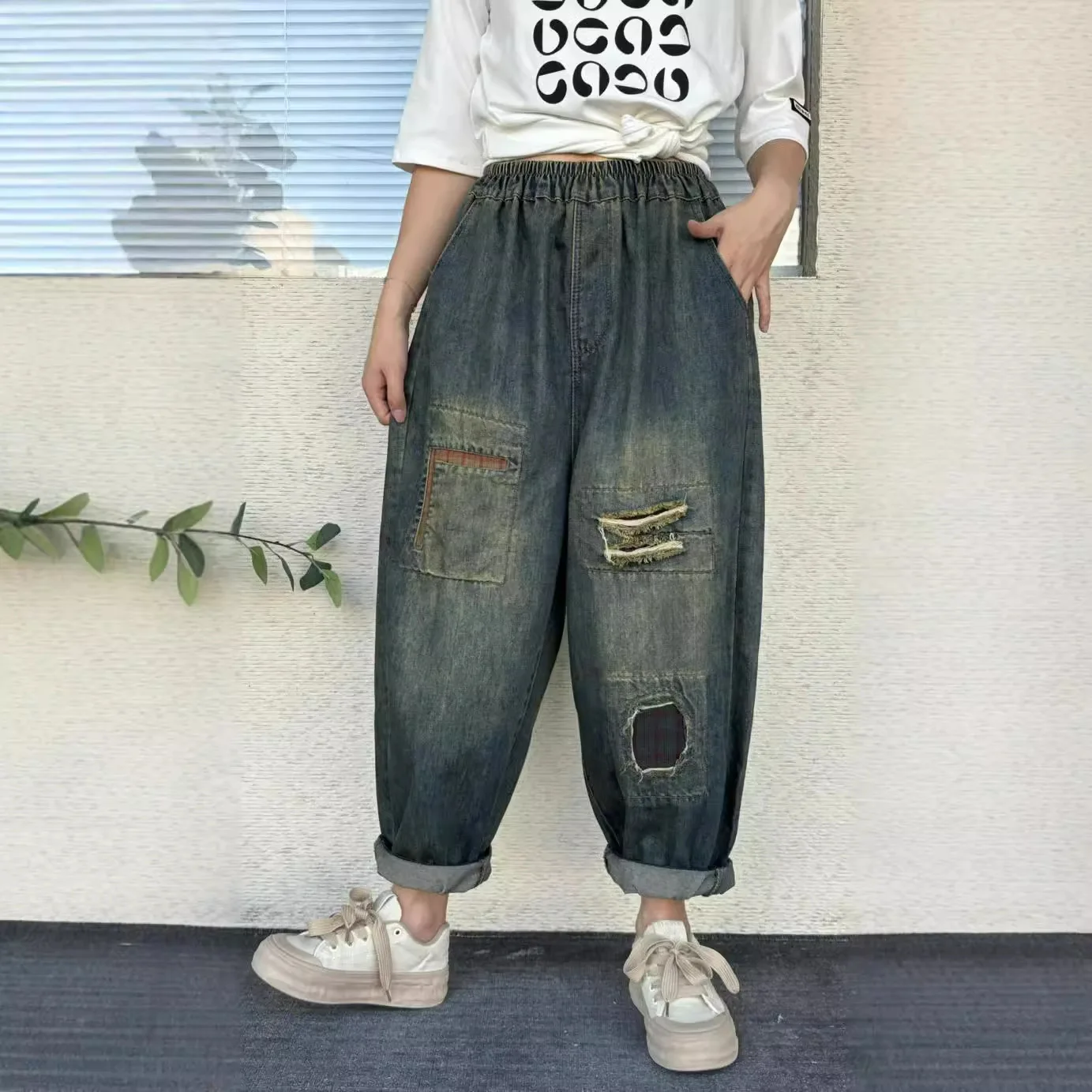 Брюки-султанки женские рваные в этническом стиле свободные джинсовые штаны