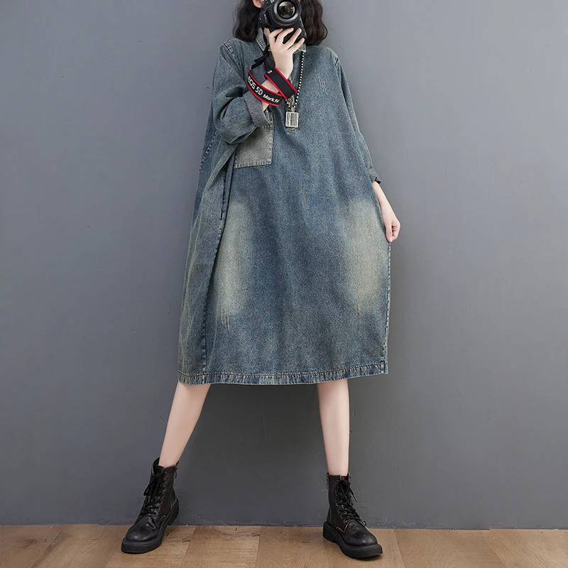 

SuperAen свободное джинсовое платье-рубашка с длинными рукавами для женщин 2023 осеннее Новое винтажное джинсовое платье контрастных цветов