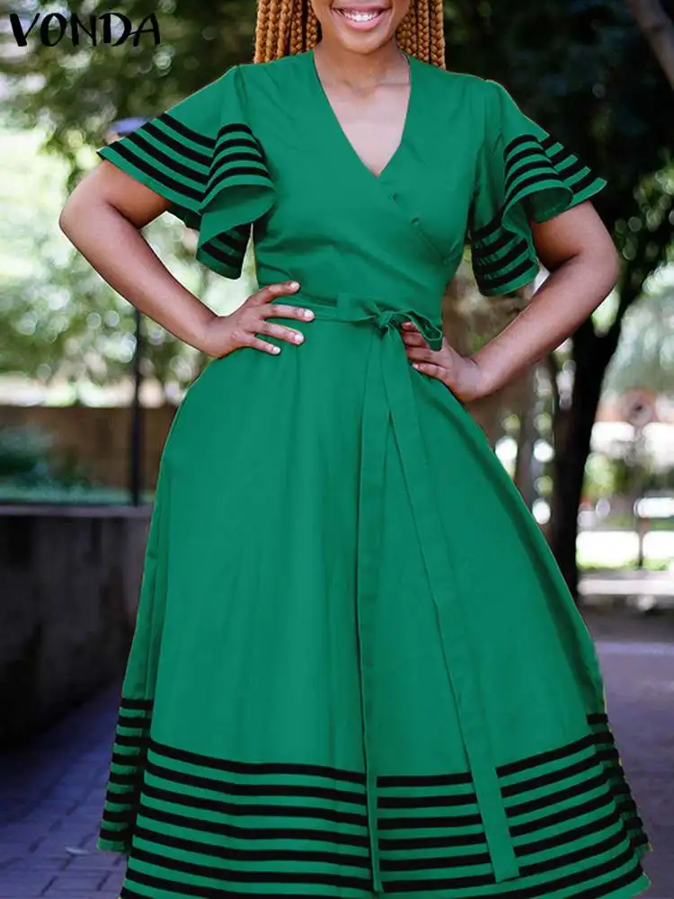 

VONDA 2022 женское платье большого размера с принтом, женское повседневное длинное ТРАПЕЦИЕВИДНОЕ ПЛАТЬЕ с круглым вырезом, зеленое платье с V-о...