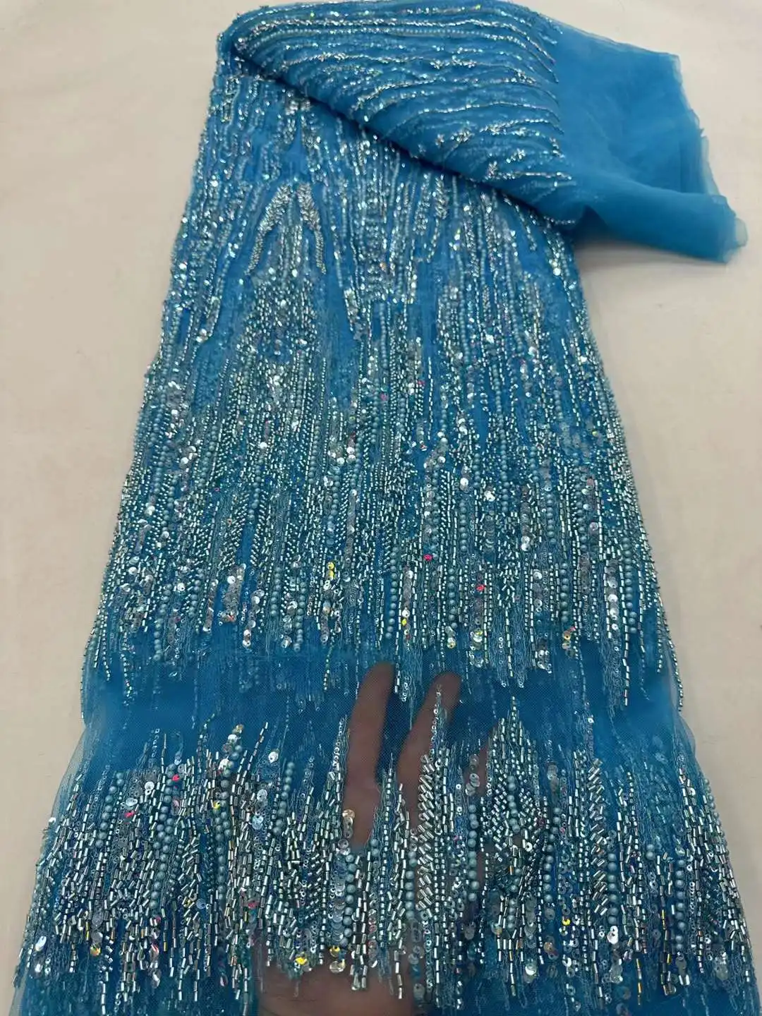 

Latest Hot Sale African Lace Fabric Nigeria Heavy Bead Tulle Lace Embroidery High Quality New French Lace for Wedding Dress