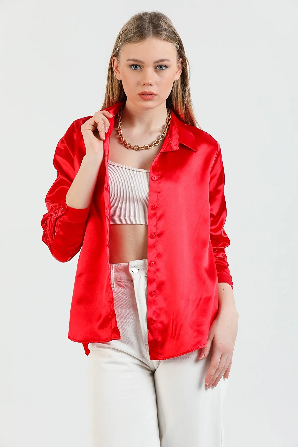

Woman Red Flat Satin Shirt Summer women's Shirts Fashion women's Blouses Pretty and Cheap women's blouse 149349220