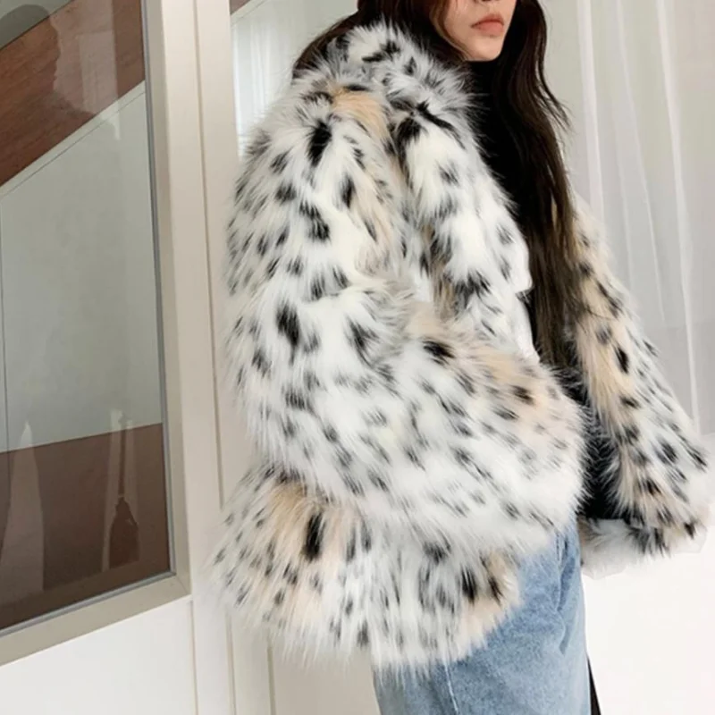 Winter Notched Collar Hairy Shaggy Tuscan Cat Leopard Fur Jacket Long Sleeve Furry Fur Women Jacket Short Outerwear Faux Fur