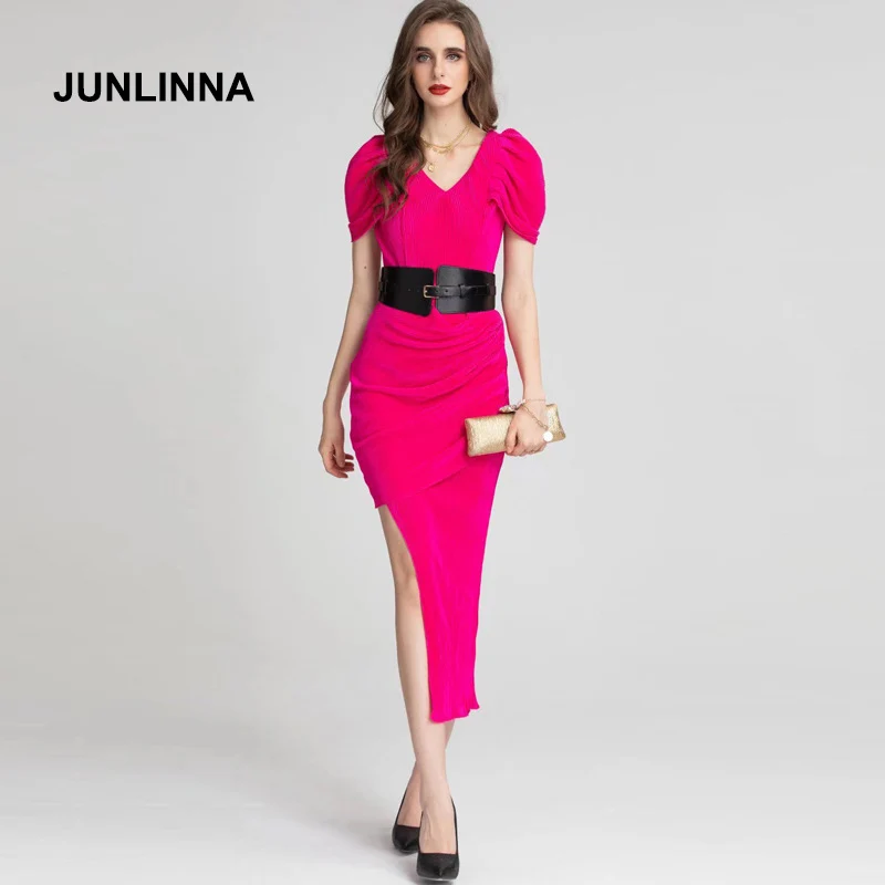 

JUNLINNA Designer Women Asymmetrical Dress Summer New Runway V Neck Pure Colour Party Vestidos Sashes Sliming