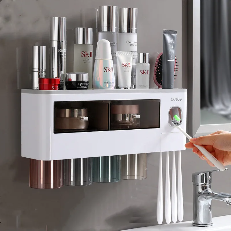 

Toothbrush Rack Holder Toothpaste Squeezer Mouthwash Cup Punch-Free Wall-Mounted Tooth Cylinder Bathroom Storage Set 2022 New