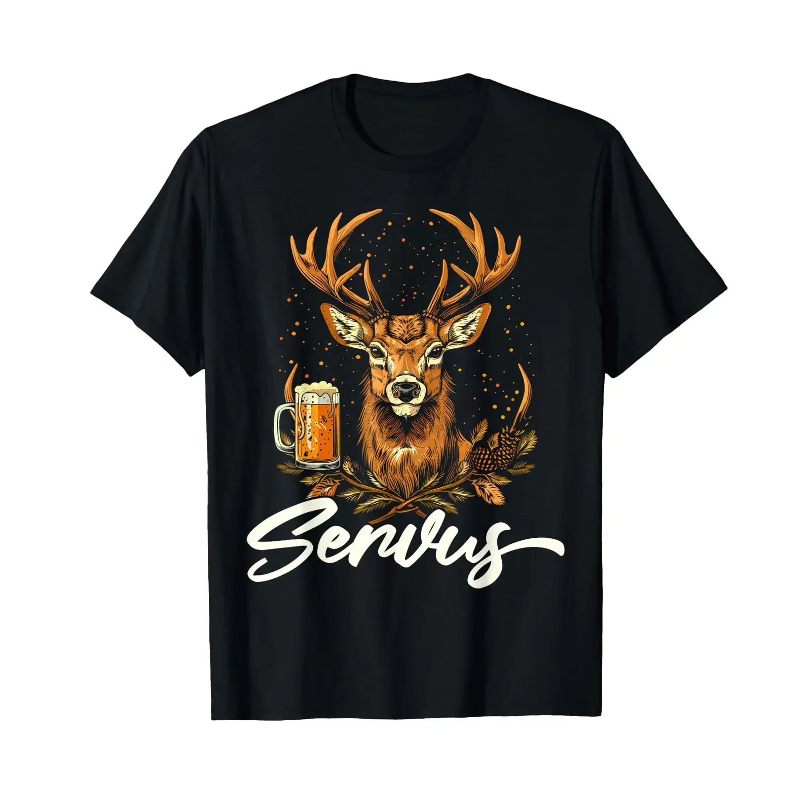 Фото Футболка Servus Deer Antlers Beer для мужчин, забавная, в стиле Октоберфест, черная, винтажная, с эффектом потертости, для повседневной носки, с графическим принтом, удобная. №1