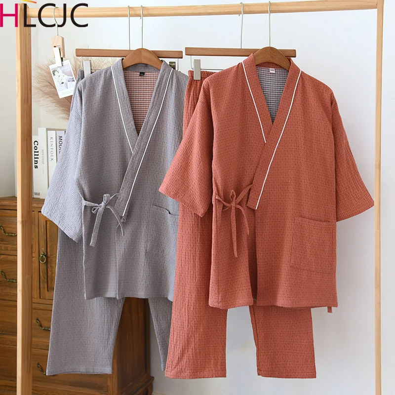 

Japanese Kimono Suit Couples Yarn dyed Cotton Pajamas Three Quarter Sleeved Trousers 2 Piece Suit for Men and Women Sleepwear