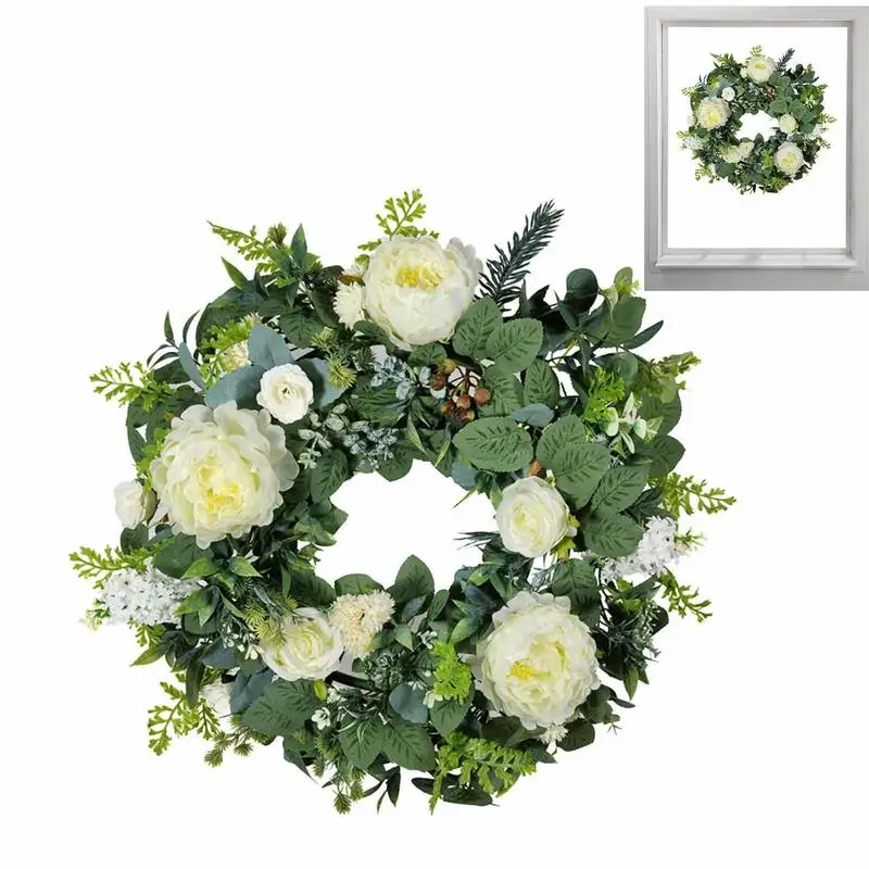 

Spring Door Wreaths 51cm/20.07in Artificial Peony Wreath With Green Leaves White Flower Hanging Decorations Welcome Wreaths For