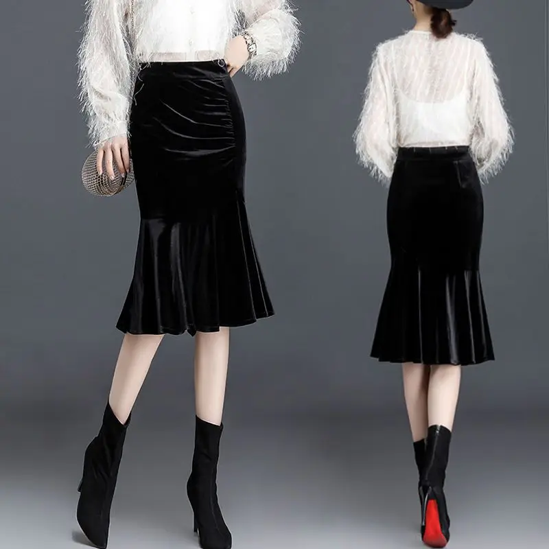 

Женская Офисная бархатная юбка, элегантная однотонная облегающая юбка-годе с высокой талией, модель Z67 в Корейском стиле на осень и зиму, 2023