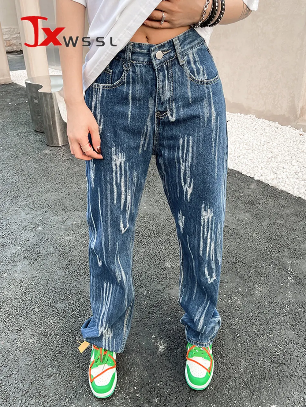 

Hand Frayed Blue Jeans Women Summer New Plus Size Loose Straight Denim Pants High Quality Casual Trousers