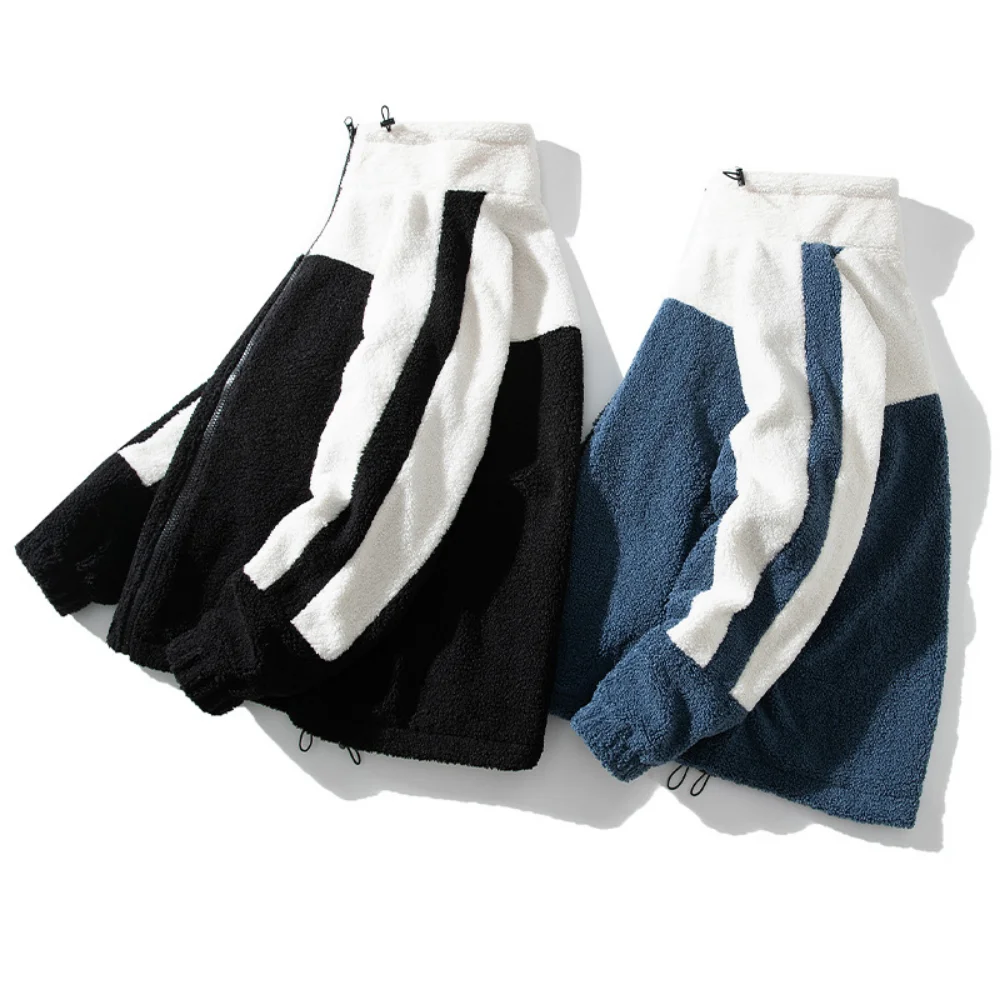 Covrlge Men's Lamb Wool Coat Autumn Winter Fleece Stand Collar Warm Jacket Windproof Patchwork Color Parka Men Clothes MWM178