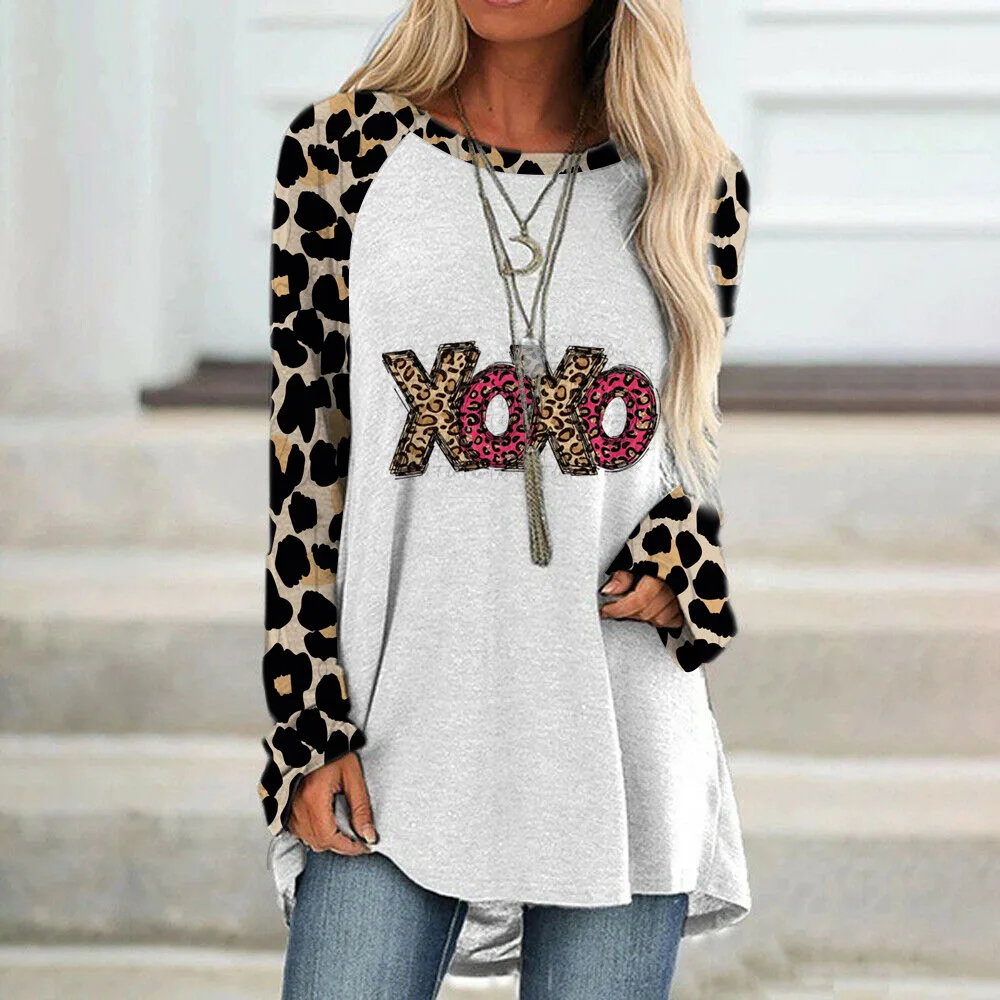 

2023 Spring Heart 3d Print T-shirts Women Fashion Sexy Girl Hip Hop Tops Tees Long Looes Casual Sleeve XOXO Crew O-Neck Leopard