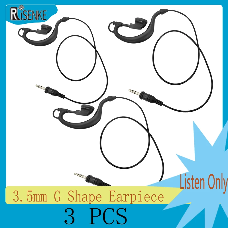 RISENKE 3.5mm Listen Only Straight Plug Tactical Headset G Shape Earpiece for Transceiver Radio Shoulder Speaker Mic(3pcs)