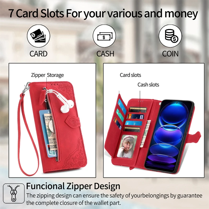 Магнитный кожаный чехол для телефона с молнией и множеством карманов для карт и ремешком на запястье для Xiaomi Redmi 10 9T Note12 11 Pro 9S 8T 7 6 4.