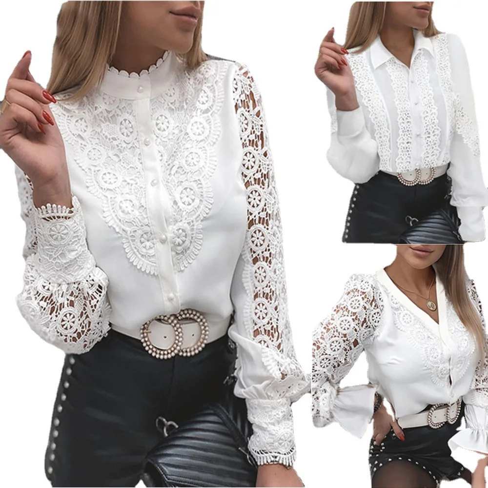 

2023 Winter Pullover Shirt Temperament Elegant Commuter Patchwork New Solid Color Lace V-neck Cardigan Shirt for Women