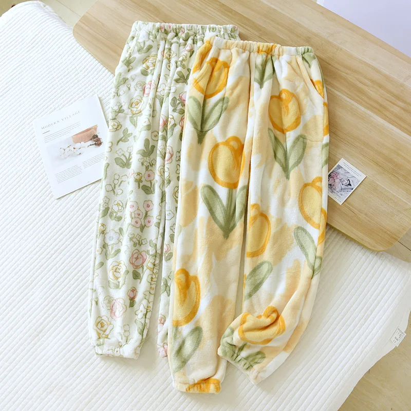 

Autumn and Winter 2023 New Women's Pajama Pants Flannel flower plush thickened coral velvet closing household pants large pants