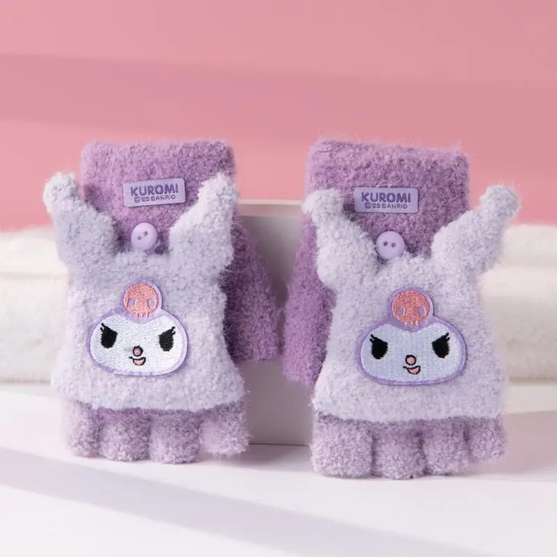 

Sanrio Flap Gloves Mymelody Kuromi Kawaii Pochacco Half-Finger Flip Winter Warm Children Gloves for Boys and Girls