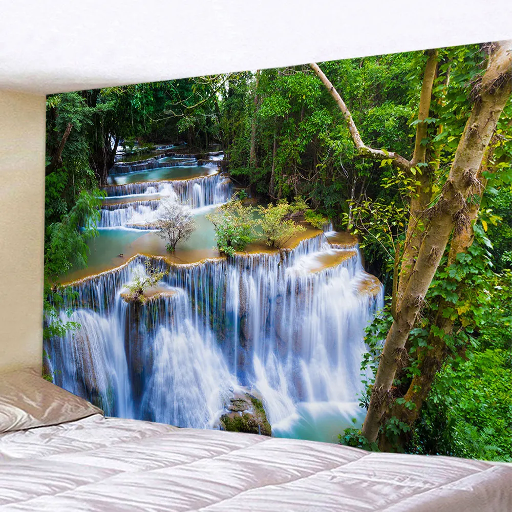 

Beautiful Waterfall Forest Tapestry Hippie Wall Hanging Boho Psychedelic Landscape Tapestries Bed Sheet Background Wall Blanket