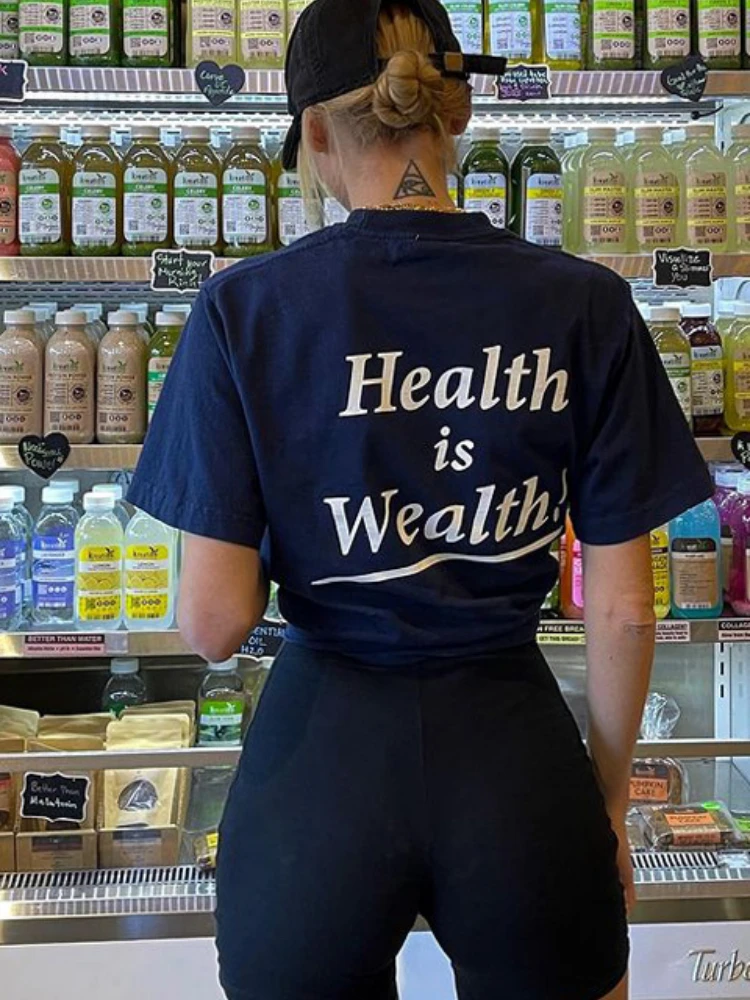 

2022 Summer Sports Fitness Running Women T-Shirt Back Letter Printed Round Neck Navy Blue Short Sleeves