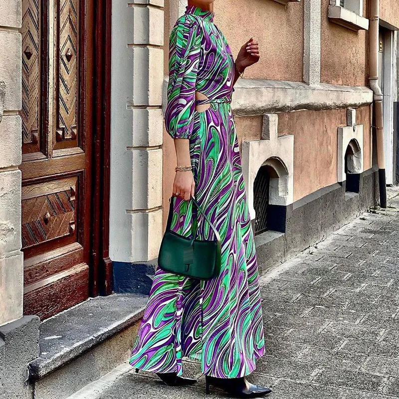 

Элегантные женские платья с разрезами по бокам, Модное Длинное Платье с круглым вырезом и принтом, весна 2023, сексуальное богемное платье с ажурной талией