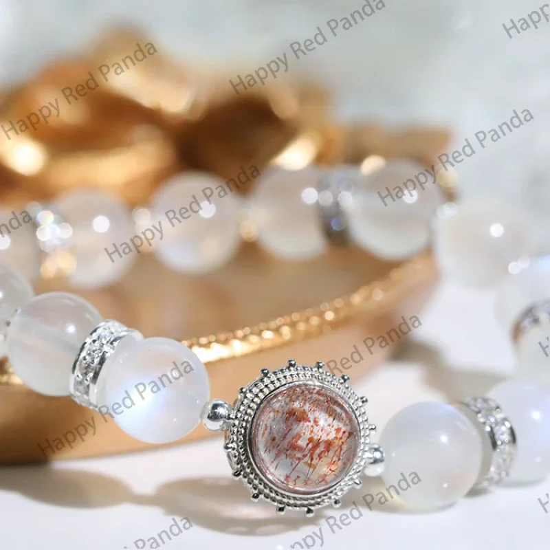 Браслет из натурального золота Fanta с клубничным кристаллом и лунным камнем