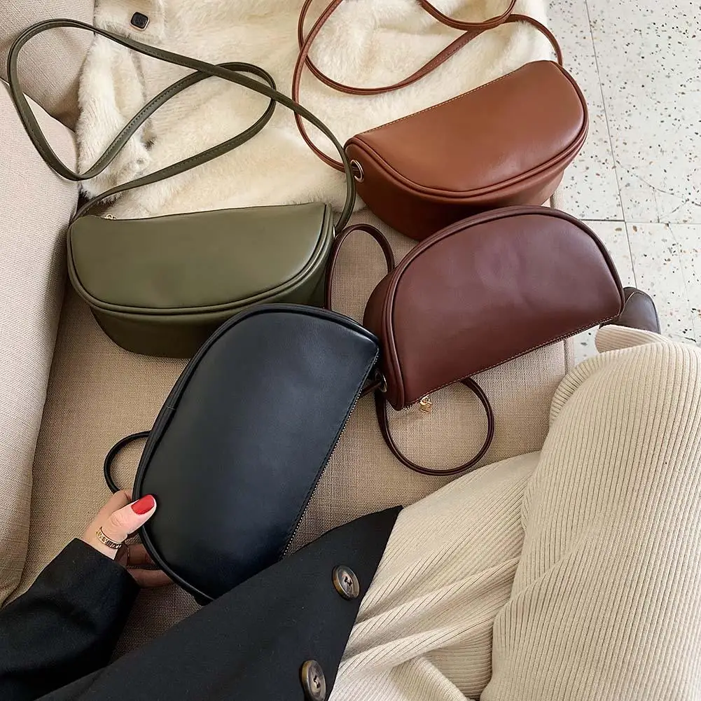

Women Shoulder Crossbody Bag Small Half Moon Shaped Semicircle Pure Color PU Leather Tote Casual Ladies Travel Handbag