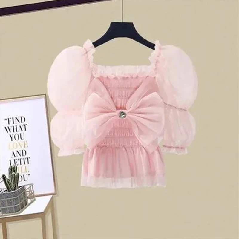 Женские комплекты из двух предметов шифоновая юбка с пышными рукавами и сетчатая