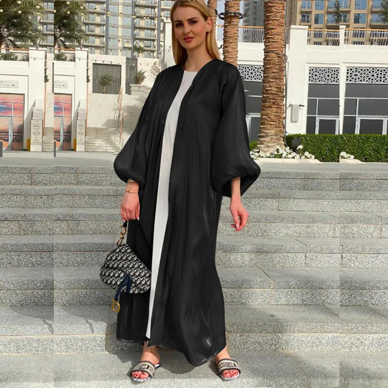Muslim Dress Women Abaya Middle East Dubai Hijab Cardigan Gown Satin Lace Up Bubble Sleeve Vestidos Largos Robe Femme Musulmane