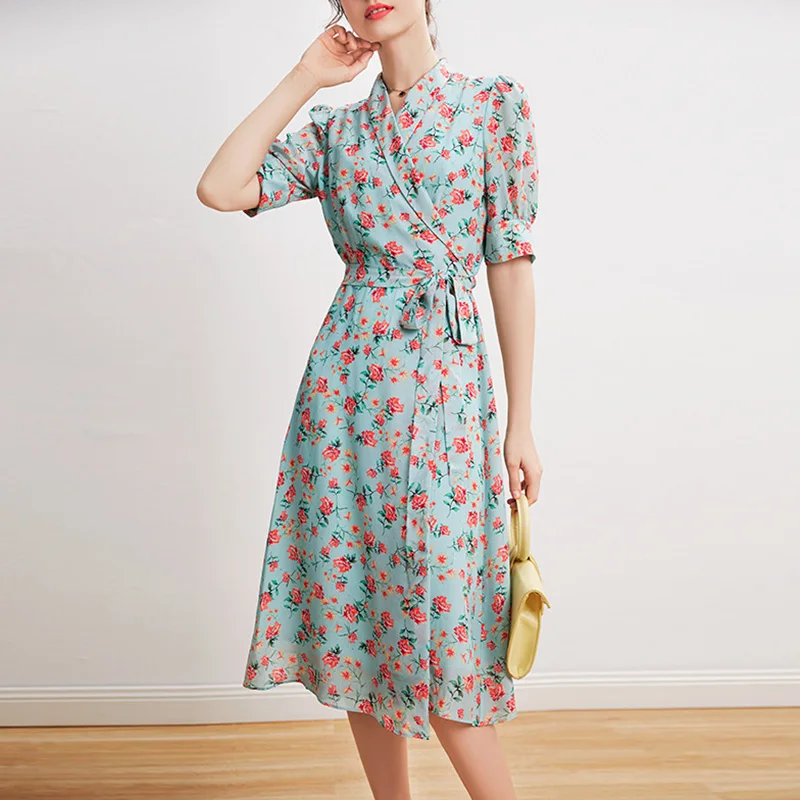 

Женское длинное платье из натурального шелка, элегантное вечернее платье с поясом и цветочным принтом, S4125, лето 100%